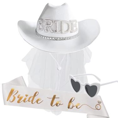 Imagem de PUSABAOWO Chapéu de vaqueira noiva e véu festa de despedida de solteira | Chapéu de cowboy branco com faixa de noiva | casamento, chá de panela, noivado, Branco, Standard