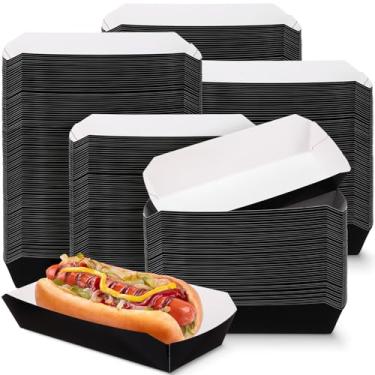 Imagem de 200 peças bandeja de comida de papel de 1,3 kg bandeja descartável para cachorro-quente Bandejas de nacho de 18 cm para tirar bandejas de servir comida para batatas fritas, tacos, cachorro-quente, milho, churrasco suprimentos de festa para festivais (preto)
