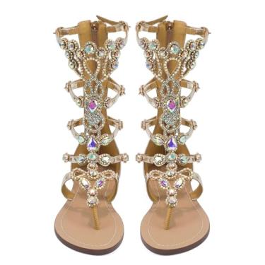 Imagem de Hinyyrin Sandálias femininas gladiadoras de strass elegantes para casamentos de verão na praia, Ouro - nº 2, 41