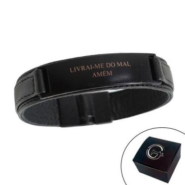 Imagem de Pulseira de Couro Masculina Magnética Livrai-me do Mal Laranja - GRANA