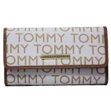 Imagem de Tommy Hilfiger Carteira feminina TH Logo Print Checkbook Bolsa clutch - Branco/Tan, Branco, Carteira continental