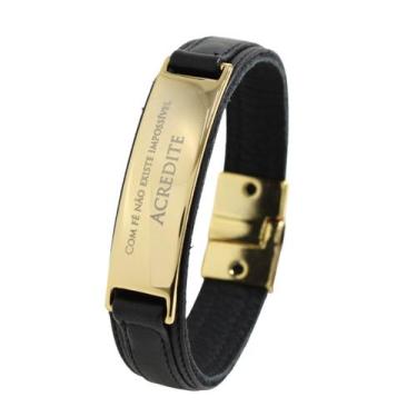 Imagem de Pulseira de Couro Masculina Feminina Preta Com Fé Não Existe Impossive