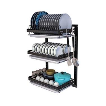 Imagem de Escorredor de louças montado na parede, escorredor de pratos de 3 camadas com altura de camada ajustável com escorredor de pratos para bancada de cozinha, secador de pratos grande de aço inoxidável