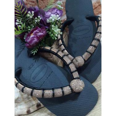Imagem de chinelo havaianas com meia cana prata enrolado com fio de seda, Preto,