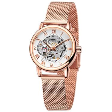 Imagem de Gosasa Relógio esqueleto feminino moderno relógio mecânico oco pulseira de malha luminosa numerais romanos casual relógio de pulso feminino, Ouro rosa, branco, L, Tendência