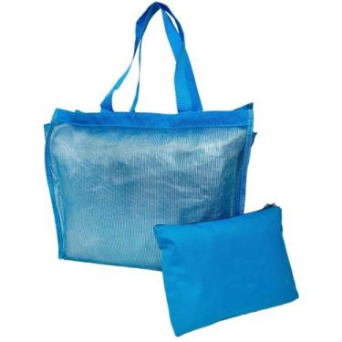 Imagem de Bolsa De Praia Azul Feminina Com Necessaire Piscina Verão Viagem Brilh