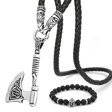 Imagem de Bavipower Colar de aço inoxidável com pingente de cabeça de lobo Mjolnir Fenrir Martelo de Thors Viking com amuleto talismã para homens e mulheres,