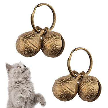 Imagem de kcrygogo Sinos para coleiras de gatos – Pacote com 2 sinos de cobre para pequenos cães e gatos que fazem barulho, sinos, antifurto, vêm com etiquetas prateadas com pingente de identificação antiperda