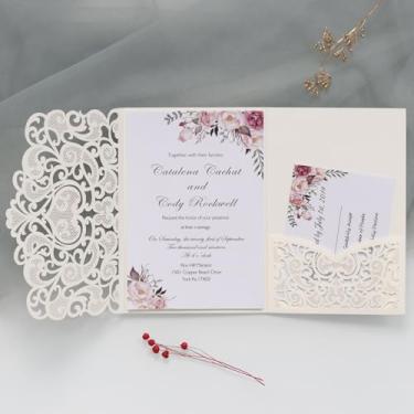 Imagem de 50 conjuntos de três dobras, com bolso vazado a laser, convites de casamento, convites de casamento, convites para festa de aniversário, festa de quinze anos, 12,5 x 18,5 cm (marfim, capa de convite)