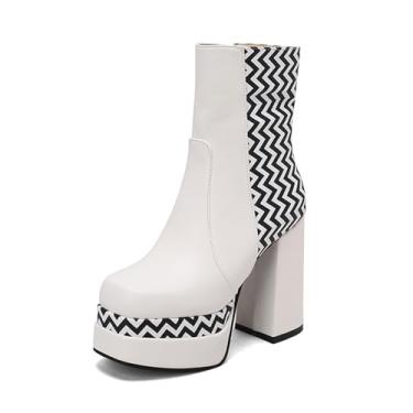 Imagem de Rock88 Botas de tornozelo femininas, botas de plataforma com design em ziguezague e zíper lateral, botas curtas com salto grosso para festa ou festival de música, branca, 43