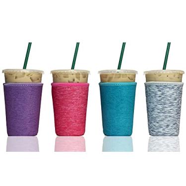 Imagem de Mangas de café gelado Baxendale para copos frios – Pacote com 4 unidades reutilizáveis de neoprene gelado para bebidas quentes e frias, compatível com Starbucks Dunkin e mais
