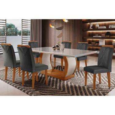 Imagem de Sala De Jantar Jade Tampo com Vidro Curvo 180x90 E 6 Cadeiras Imbuia-veludo Grafite Rufato