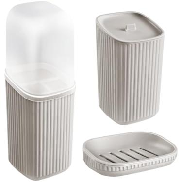 Imagem de Kit Banheiro Lavabo Saboneteira Porta Escova De Dente Porta Algodão Plástico Para Decoração (Cinza Claro)
