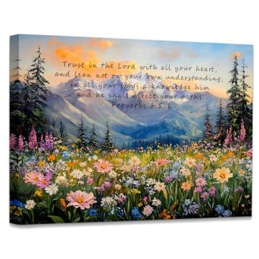 Imagem de WODMIS Decoração de parede floral de primavera cristã, arte de parede em tela emoldurada, Trust in Lord Bible Verse, Provérbios 3:5-6, decoração de parede em tela, decoração de casa para sala de casa,