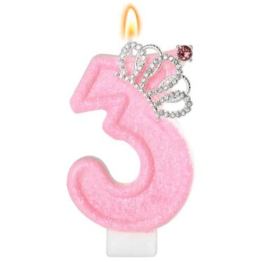 Imagem de Vela de aniversário rosa coroa número 3 velas para bolo, enfeite de bolo de aniversário rosa, decorações de cupcake, decoração de festa para meninas e mulheres, comemorações de aniversário,