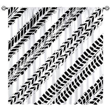 Imagem de Cortinas de carros de corrida para meninos, motocross Dirt Bike Tire Tracks, tratamentos de janela de fundo preto e branco, cortinas com isolamento térmico para varão, para quarto, sala de estar, 106