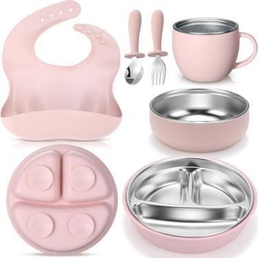 Imagem de Nuogo Conjunto de pratos e tigelas infantis de aço inoxidável 304 com sucção de aço inoxidável e copo infantil com silicone removível, garfos, colheres, babador de bolso para bebês (rosa, redondo)