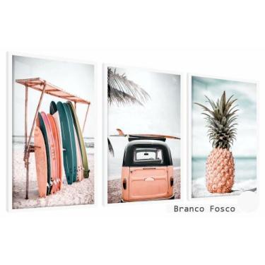 Imagem de Quadros Decorativos Kit 3 Moldura e Vidro Abacaxi Surf Kombi - Belo Qu