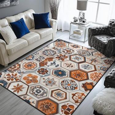 Imagem de Doteon Tapete marroquino hexagonal marroquino 12 x 18 cm, antiderrapante, azul-petróleo e laranja, design floral para sala de estar, quarto, sala de jantar, decoração de casa