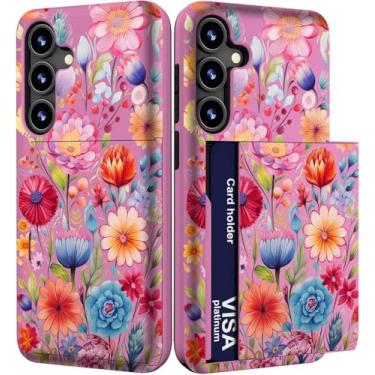 Imagem de IWONE Capa para celular compatível com Samsung Galaxy S24 FE fofa com porta-cartões/S24FE à prova de choque slim slot carteira capa de telefone para mulheres/flor rosa floral padrão abstrato artístico