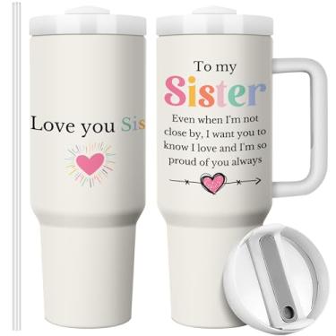 Imagem de Equoza Presente de aniversário para mulheres presentes para irmãzinha, irmã mais velha, cunhada copo com alça 1,134 g caneca de café de viagem copo isolado a vácuo de parede dupla com tampa e canudo