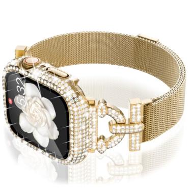 Imagem de WINGLE Pulseira feminina de malha magnética de metal com glitter brilhante, pulseira elegante para Apple Watch Watch Watch série SE 3/2/1 6 5 4 de 44 mm