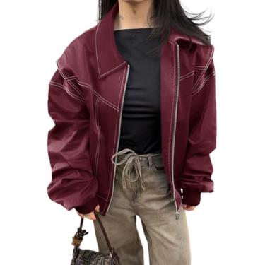 Imagem de Tankaneo Jaqueta feminina de couro sintético grande com zíper e bomber para motocicleta, casacos casuais modernos com bolsos, Vinho tinto, GG