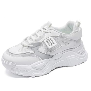 Imagem de Boaobaihuo Tênis feminino moderno com plataforma de couro, bico redondo, antiderrapante, grosso, casual, esportivo, para caminhada, treino, condução, Branco, 34