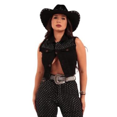 Imagem de Colete Jeans Preto Crystal Moda Country Cowgirl Elastano Brilhos Texas