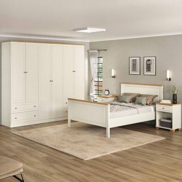 Imagem de Conjunto Cama Casal, Guarda-Roupa 6 Portas 2 Mesas de Cabeceira Ananda CabeCasa MadeiraMadeira Off White/Mel