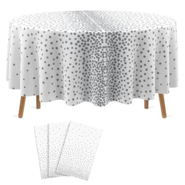 Imagem de VitalCozy 3 peças de toalha de mesa de bolinhas redondas de plástico de 213 cm, à prova d'água, decoração de confetes para casamento, formatura, formatura, Páscoa, festa de aniversário (branco e prata