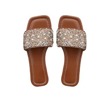 Imagem de BEAUDRM Pantufas femininas de couro PU com pérolas e bico aberto, sandálias deslizantes, Marrom, 40