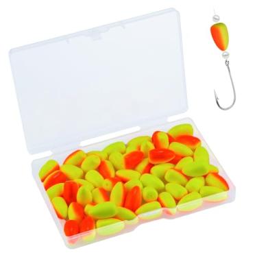 Imagem de EQUIJUANCE Pacote com 65 boias de pesca - Pompano Rigs Flutuam Catfish Rigs com cores de alta visibilidade, flutuadores de espuma de pesca com bala para plataformas de bagre truta Walleye