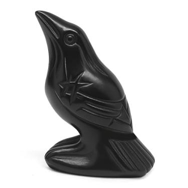 Imagem de Estátua de corvo de pedra natural, escultura de decoração de estatueta de corvo, ornamento criativo de cristal de pássaro de 5 cm, pedra obsidiana preta, figura de bolso de animal guardião de cura da