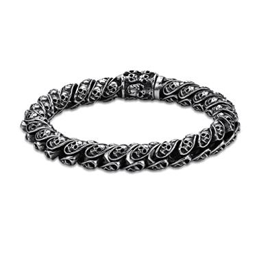 Imagem de Metro Jewelry Pulseira de caveira masculina em aço inoxidável com revestimento iônico antigo - 21 cm de comprimento, 8 75 inch, Metal, Sem Pedra Preciosa