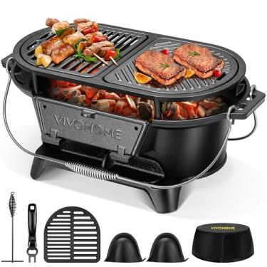 Imagem de VIVOHOME Grelha oval de ferro fundido com grades e chapa intercambiáveis, 2 portas de forno para controle de calor, inclui luvas, pôquer e capa resistente a UV