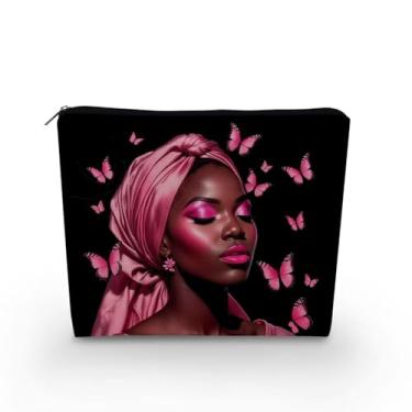 Imagem de YULUENZE Bolsa organizadora de lona pequena para mulheres afro-americanas com zíper rosa borboleta preta bolsa cosmética estética presente de aniversário para mulheres irmãs amigas, asnj0871, Samll