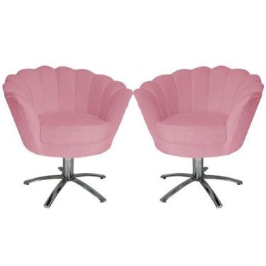 Imagem de Kit 2 Poltronas Decorativa Pétala Base Giratória Metal Suede Rosa Mz D