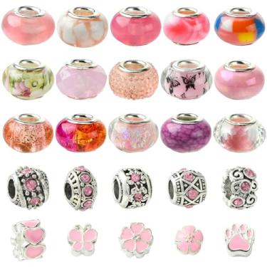 Imagem de KitBeads Kit de miçangas europeias sortidas aleatórias, 50 peças, rosa, gato, borboleta, flor, espaçador de orifício grande para chaveiros, pulseiras, fabricação de joias a granel