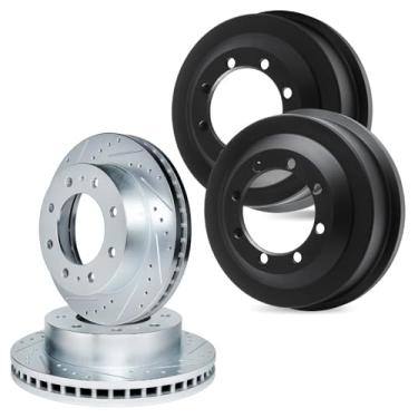 Imagem de R1 Concepts Rotor de freio a disco prateado perfurado e ranhurado e conjunto de tambor dianteiro e traseiro 1973-1993 Dodge, Plymouth M300, D300, B350, RM300, D350, B300 Van, CB300