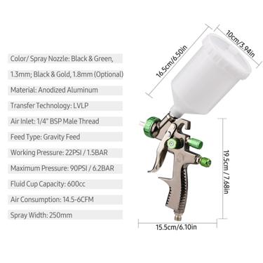 Imagem de Kit de pistola de pulverização de LVLP de 1,8 mm pulverizador de tinta de ar de 600cc Copo de fluido de gem