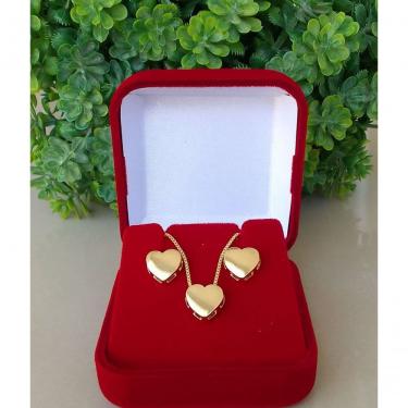 Imagem de Conjunto Kit Brinco + Colar Coração Banhado A Ouro 18k