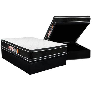 Imagem de Cama Box Baú Casal: Colchão Espuma Castor D33 Black E White Face Euro Pillow + Base Black(138X188)