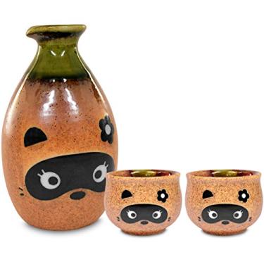 Imagem de Mino Ware Conjunto tradicional de saquê japonês, garrafa Tokkuri e 2 copos Ochoko, garrafa para meninos e meninas, design de cachorro guaxinim japonês Tanuki