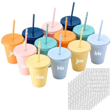 Imagem de Qinyoung Conjunto de 12 copos de plástico com tampas e canudos, conjunto de copos de café gelados coloridos arco-íris reutilizáveis de 473 ml com adesivos para festa de verão adulto (cores Morandi)