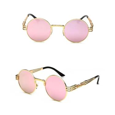 Imagem de VFDHN Óculos de sol vintage retrô gótico steampunk espelhado vintage redondo masculino UV400 (espelho dourado rosa)