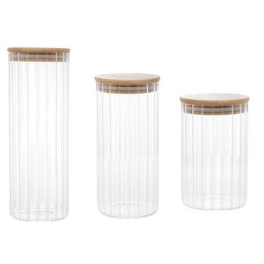 Imagem de Kit 3 Potes de Vidro Canelados com Tampa Bambu Wolff