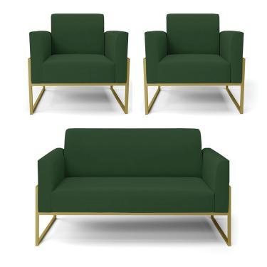 Imagem de Sofá Namoradeira Com 2 Poltronas Base Industrial Alta Dourado Marisa Veludo Verde D03 - D\'rossi