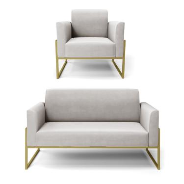 Imagem de Sofá Namoradeira Com Poltrona Base Industrial Alta Dourado Marisa Veludo Cinza D03 - D\'rossi
