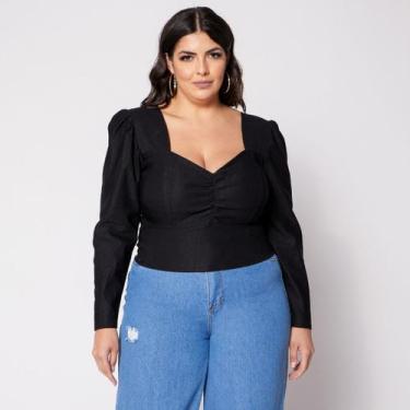 Imagem de Blusa Cropped Plus Manga Longa Decote Franzido com Bojo Preto - Sal Do